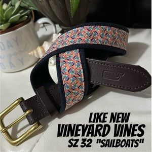 Like New Vineyard Vines Belt-Cloth-Brown Leather-SailBoat Print-Sz 32